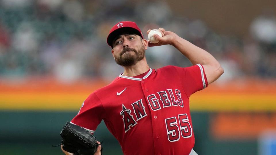 Los Angeles Angels relief pitcher Matt Moore plays during a baseball game, Tuesday, July 25, 2023, in Detroit. (AP Photo/Carlos Osorio)