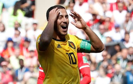 Soccer Football - World Cup - Group G - Belgium vs Tunisia - Spartak Stadium, Moscow, Russia - June 23, 2018 Belgium's Eden Hazard reacts after missing a chance to score REUTERS/Christian Hartmann