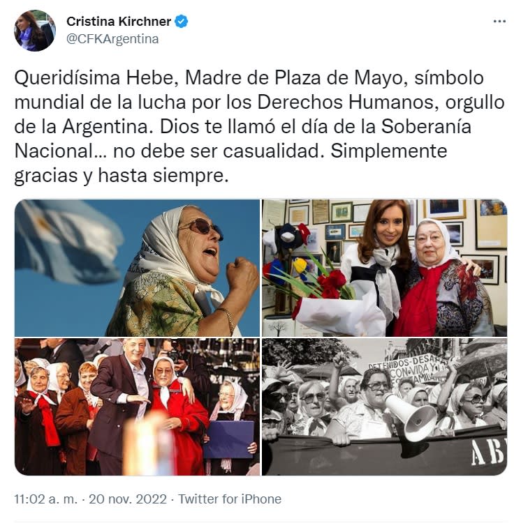 Cristina Kirchner despidió a Hebe de Bonafini en redes sociales