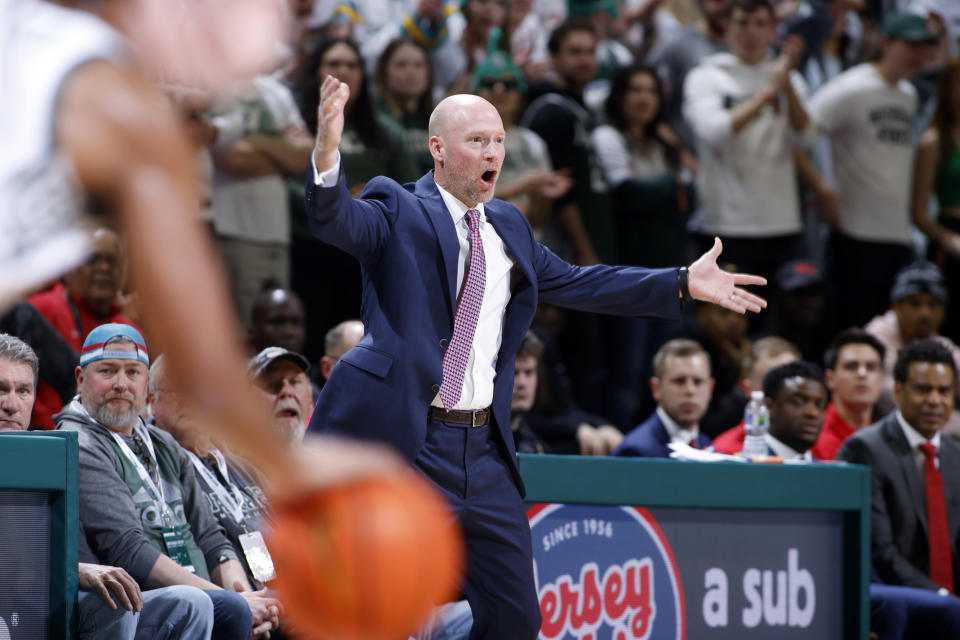 Maryland coach Kevin Willard reacts during the first half of an NCAA college basketball game against Michigan State, Tuesday, Feb. 7, 2023, in East Lansing, Mich. (AP Photo/Al Goldis)