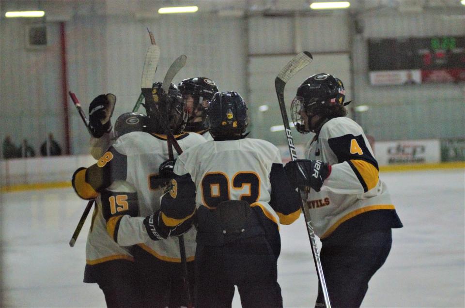 Gaylord celebrates one of their nine goals scored on Wednesday night. The goal total is the most by Gaylord since February 2020.