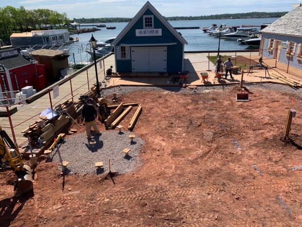 Work on the new public space at Peake's Quay is expected to be complete by the end of June. The octagon in the lower left corner is where the new stage will be located. (Shane Ross/CBC - image credit)