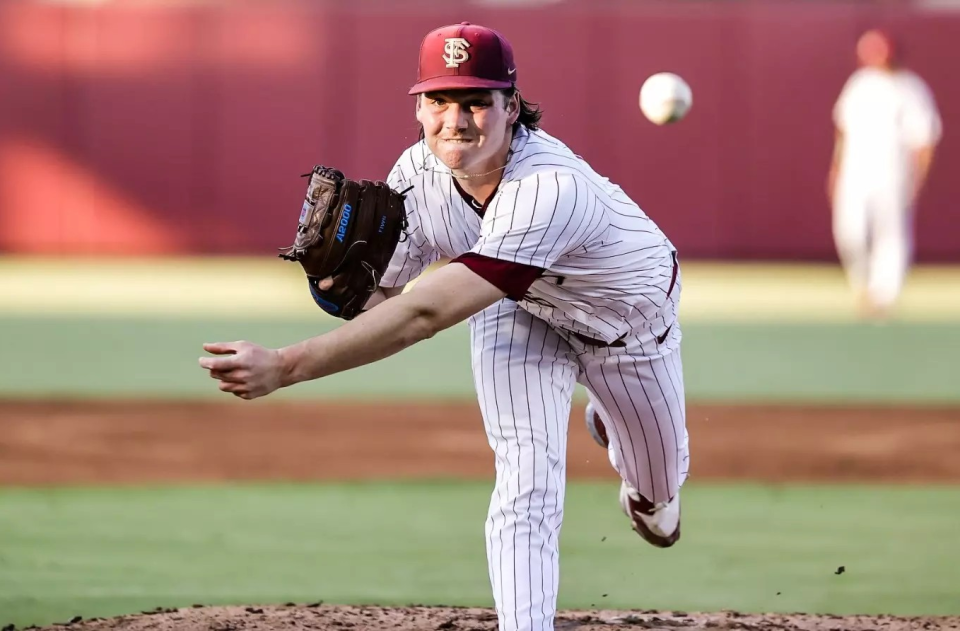 FSU pitcher Jamie Arnold throws a pitch on the mound on Thursday, May 17 against Georgia Tech.