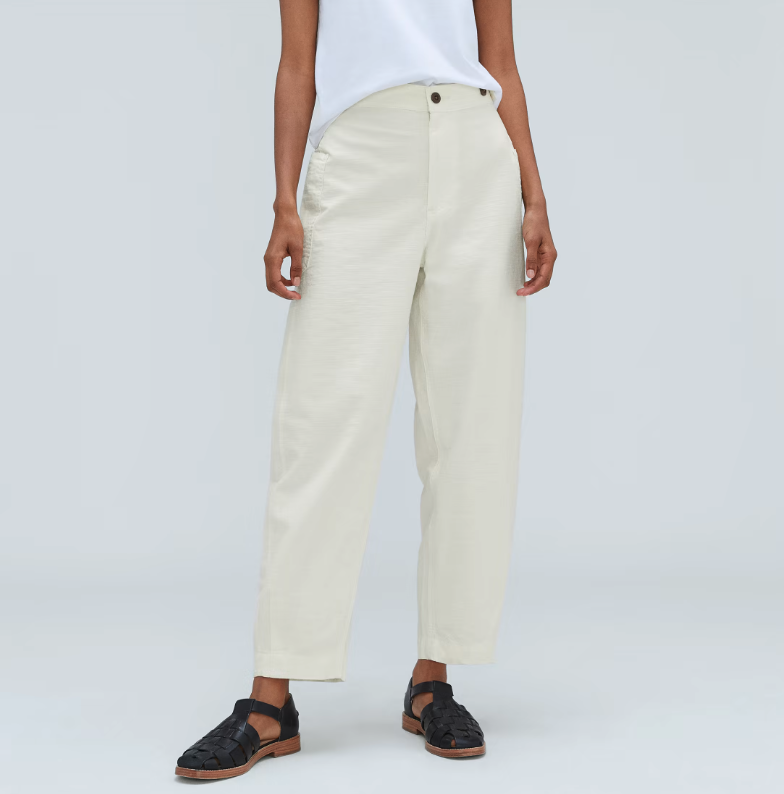 model wears beige The Fatigue Barrel Pant. 