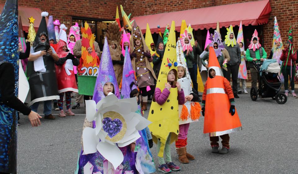 The top five kids costumes at the 16th Annual Carytown Cone Parade in Richmond on January 1, 2024. On the left, Delphi Abeyta, 7, won first place for her crystal cone.