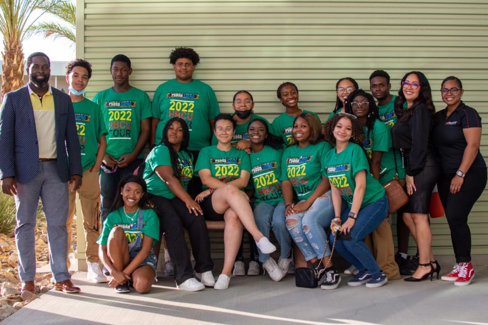 The inaugural group of Palm Springs Unified high schoolers and staff who toured HBCUs over spring break pose for a photo in Palm Springs, Calif., on May 24, 2022.