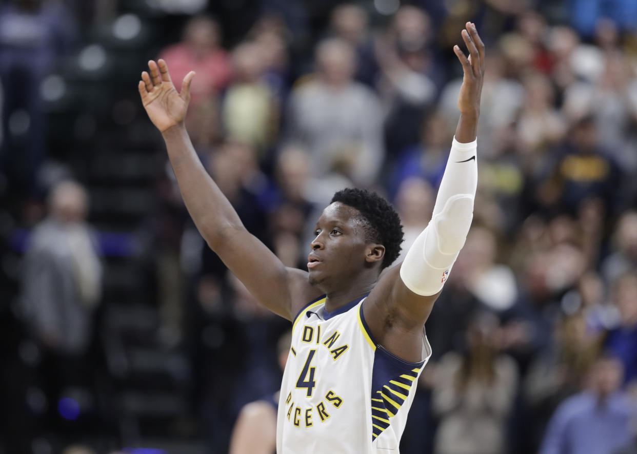 Indiana Pacers guard Victor Oladipo has been among the biggest surprises of the Fantasy Basketball season. (AP Photo/Darron Cummings)