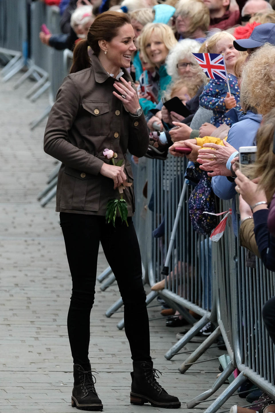 For a joint trip to Cumbria with William, Kate donned country casual-wear, including a Troy London jacket, black skinny jeans and her See By Chloe boots. [Photo: Getty]