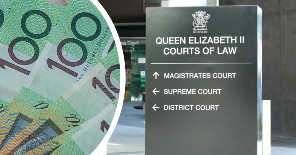 Queensland court building sign and $100 notes