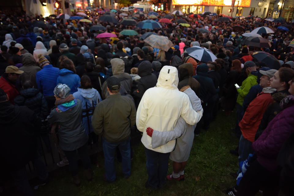 Hundreds gather in Pittsburgh to mourn in the wake of the shooting. Source: Getty