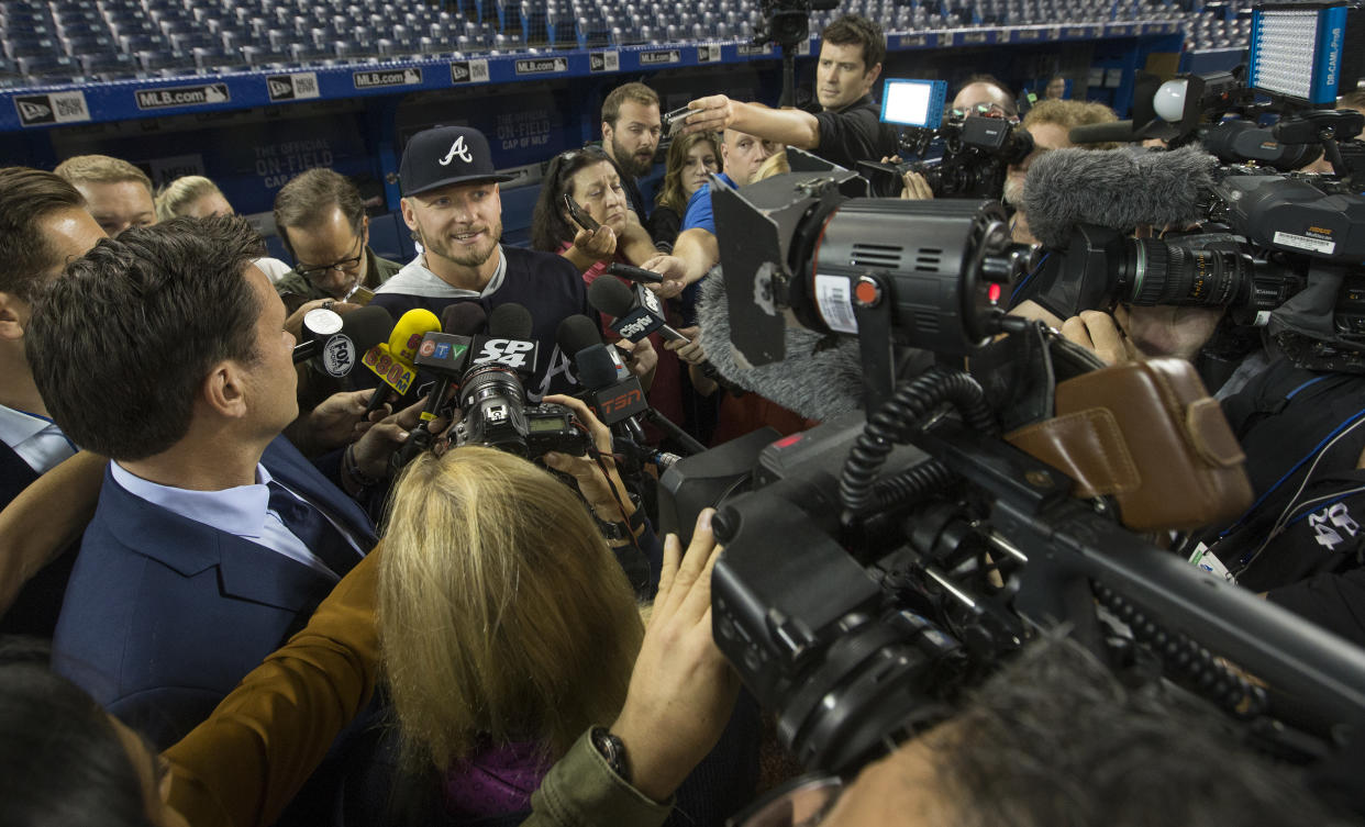 TORONTO, ON - AUGUST 27: Former Jays 3rd baseman Josh Donaldson, now on the Atlanta Braves, scrums with the media in front of the visitor's dugout. Toronto Blue Jays Vs Atlanta Braves in MLB play at Rogers Centre in Toronto. Toronto Star/Rick Madonik        (Rick Madonik/Toronto Star via Getty Images)