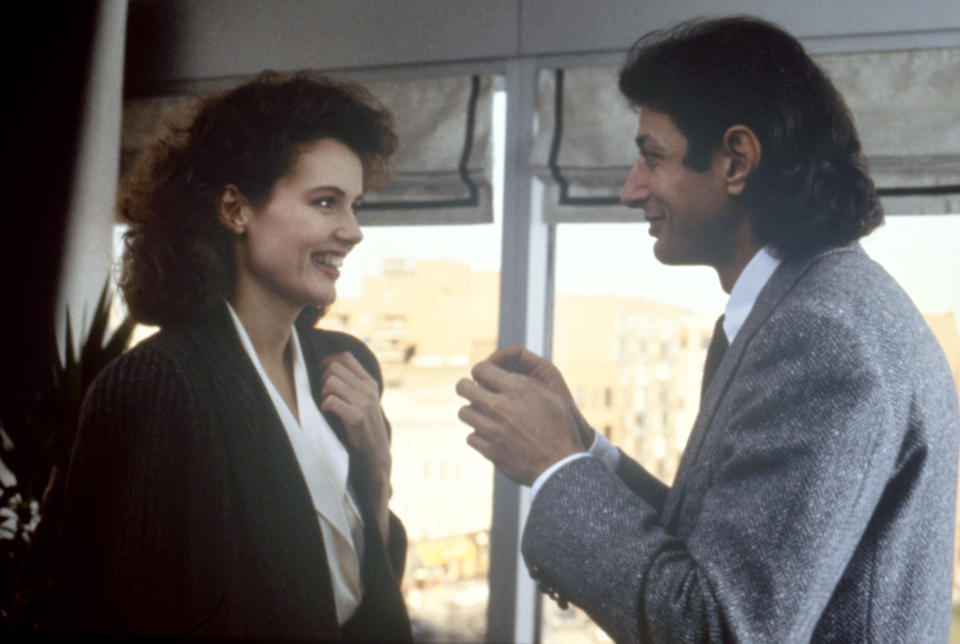 American actors Geena Davis and Jeff Goldblum on the set of The Fly, directed by David Cronenberg. (Photo by SLM Production Group/Brooksfil/Sunset Boulevard/Corbis via Getty Images)