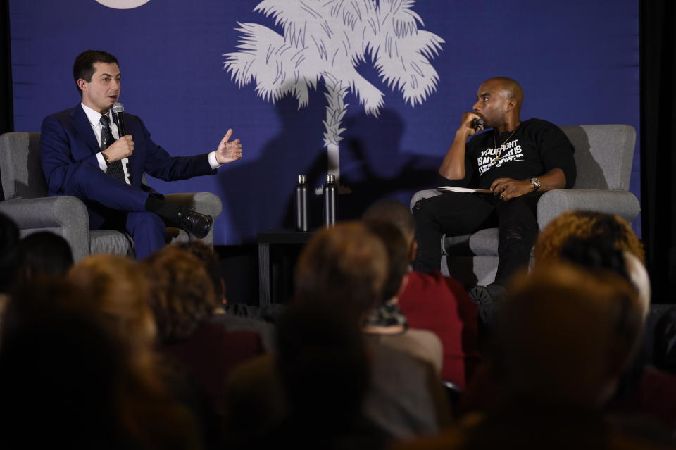 Democratic presidential contender and former South Bend, Indiana, Mayor Pete Buttigieg speaks with Charlamagne Tha God during an event on economic struggles in the black community on Thursday, Jan. 23, 2020, in Moncks Corner, S.C. (AP Photo/Meg Kinnard)
