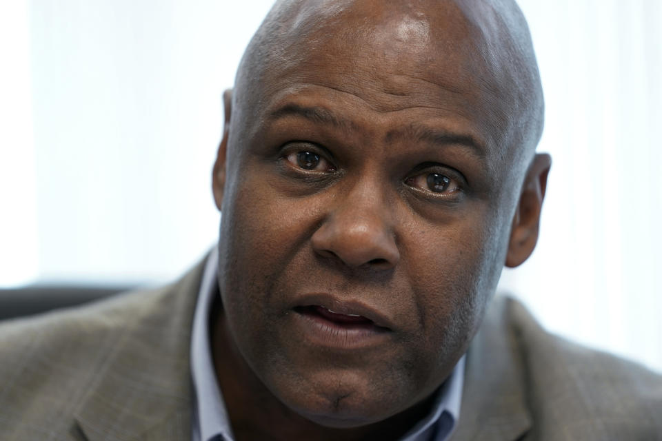 United Auto Workers president Ray Curry talks in his office in Southfield, Mich., Thursday, July 21, 2022. (AP Photo/Paul Sancya)