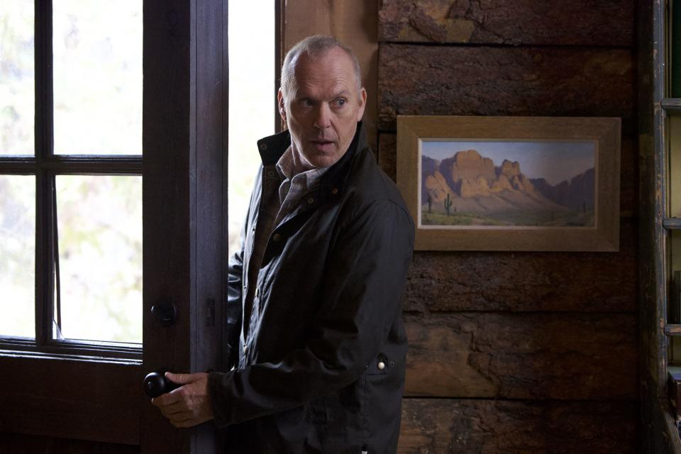 Knox arrives at the cabin where he thinks he left some valuable item. He can't find the key  he must break in. Knox Gos Away movie Michael Keaton