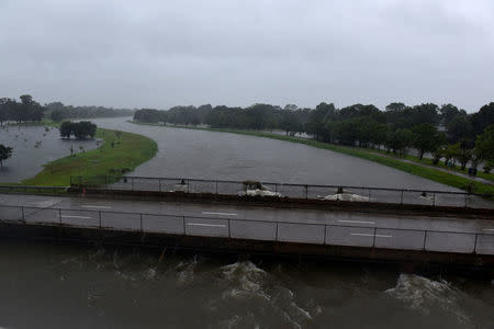 Brays Bayou floods near Interstate 610 after Hurricane Harvey inundated the Texas Gulf coast with rain causing widespread flooding, in Houston, Texas, U.S. August 28, 2017. REUTERS/Nick Oxford