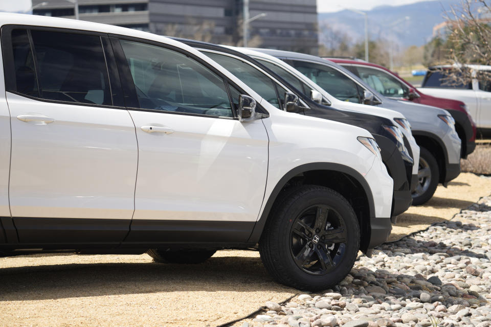 2023 Ridgeline pickup trucks sit outside a Honda dealership Thursday, April 20, 2023, in Highlands Ranch, Colo. On Wednesday, the Labor Department reports on U.S. consumer prices for April. (AP Photo/David Zalubowski)