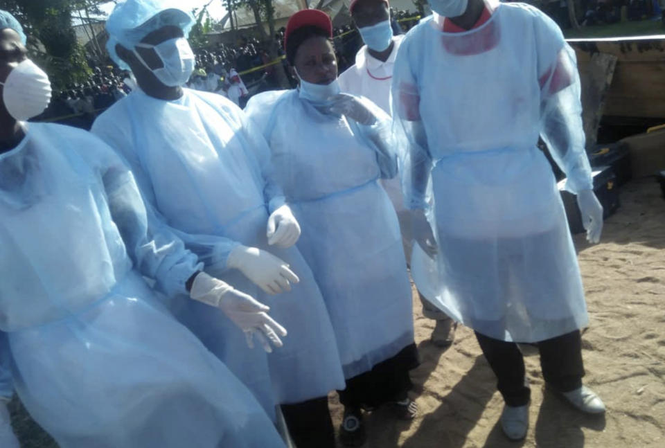 This photo released by the Tanzania Red Cross shows Red Cross volunteers engaged in rescue efforts on and around Ukara Island in Lake Victoria, Tanzania Friday, Sept. 21, 2018. The death toll rose above 100 on Friday after the passenger ferry MV Nyerere capsized and sank on Thursday in Lake Victoria, Tanzania state radio reported. (Tanzania Red Cross via AP)