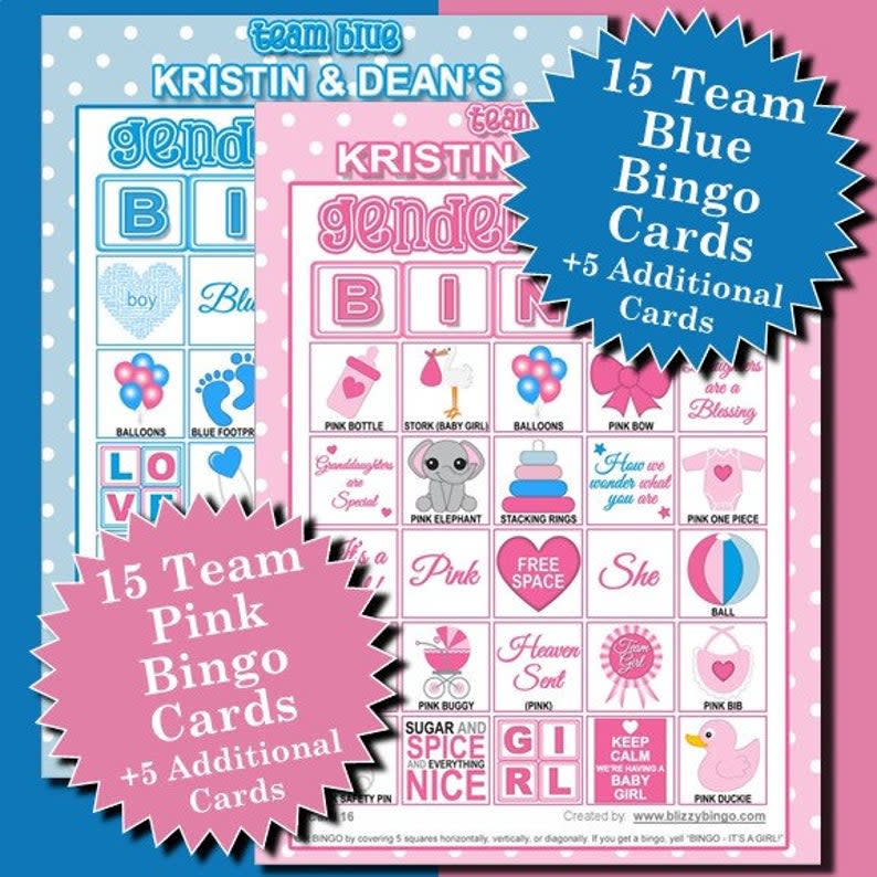 <p><strong>BlizzyBingo</strong></p><p>etsy.com</p><p><strong>$16.95</strong></p><p><a href="https://go.redirectingat.com?id=74968X1596630&url=https%3A%2F%2Fwww.etsy.com%2Flisting%2F584783081%2Fgender-reveal-bingo-is-a-fun-exciting&sref=https%3A%2F%2Fwww.countryliving.com%2Fentertaining%2Fg30900240%2Fgender-reveal-party-ideas%2F" rel="nofollow noopener" target="_blank" data-ylk="slk:Shop Now;elm:context_link;itc:0;sec:content-canvas" class="link ">Shop Now</a></p><p>Get ready to shout BINGO! This twist on the classic game will reveal your baby’s sex in the most fun way.</p>