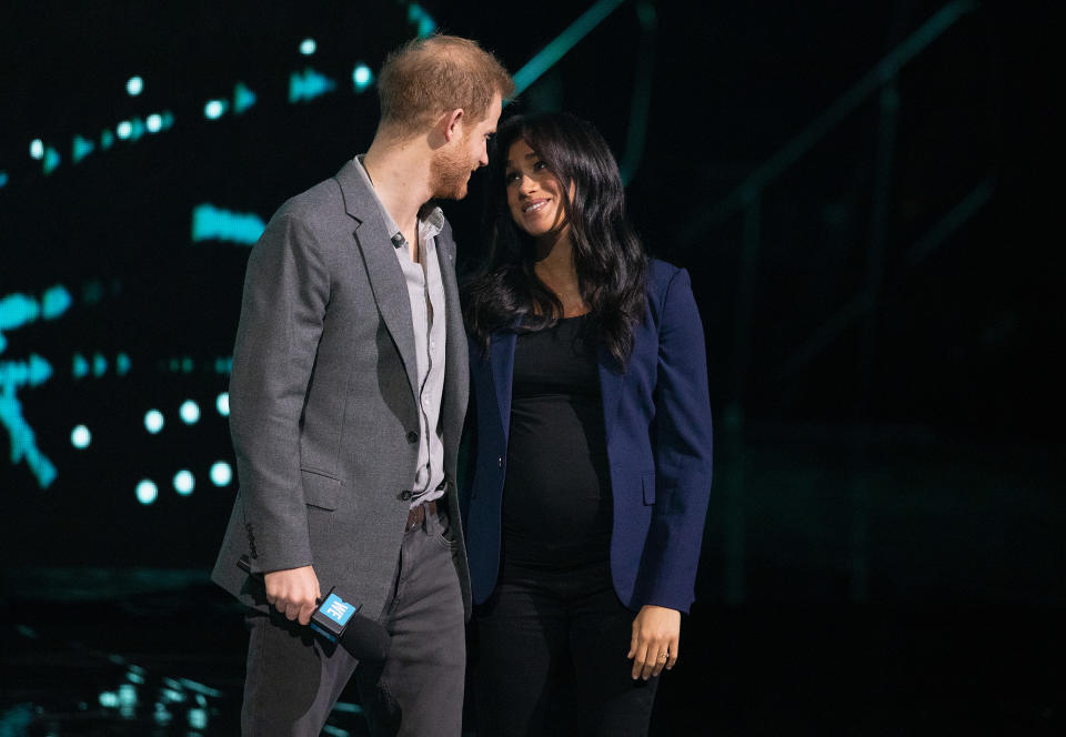 LONDON, ENGLAND – MARCH 06: Prince Harry, Duke of Sussex and Meghan, Duchess of Sussex on stage at We Day UK at SSE Arena on March 06, 2019 in London, England. (Photo by Jo Hale/Redferns)