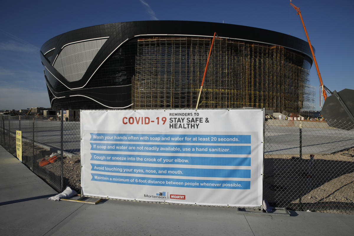 General overall view of Los Angeles Chargers and Las Vegas Raiders helmets  at the Allegiant Stadium construction site, Monday, May 11, 2020, in Las  Vegas. The stadium will be the home of