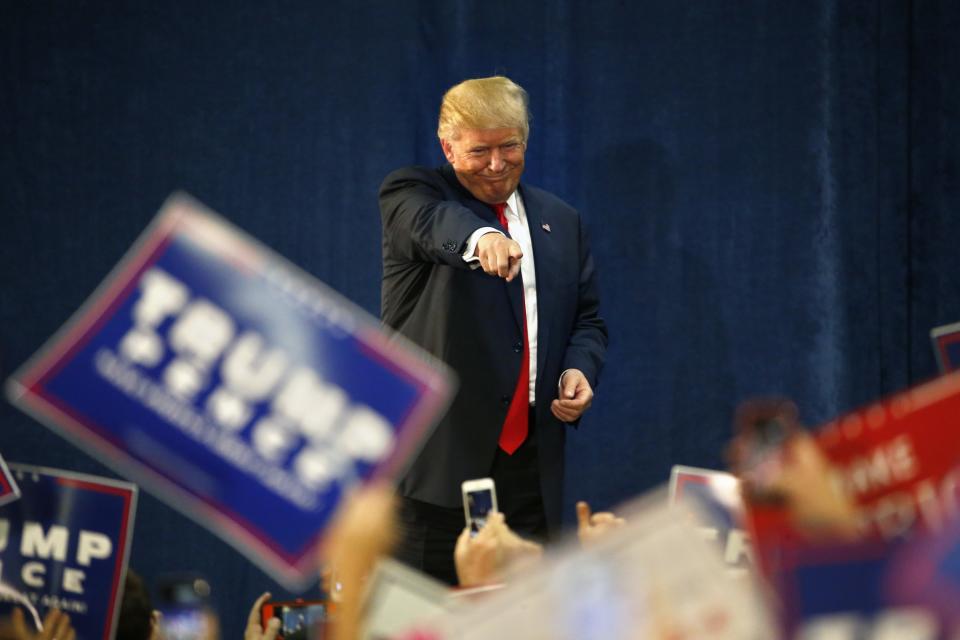 Republican presidential candidate Donald Trump gestures to supporters before speaking at a campaign rally at the University of Northern Colorado, in Greeley, Colo., on Oct. 30, 2016. (Photo: Brennan Linsley/AP)