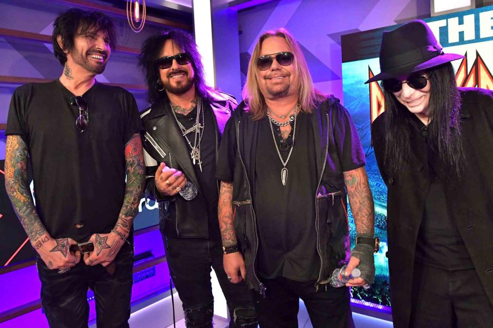 <p>Emma McIntyre/Getty</p> (L-R) Tommy Lee, Nikki Sixx, Vince Neil and Mick Mars of Mötley Crüe in 2019