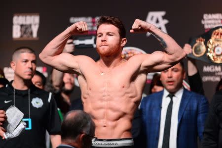Sep 14, 2018; Las Vegas, NV, USA; Canelo Alvarez weighs in for a middleweight world title boxing match against Gennady Golovkin (not pictured) at T-Mobile Arena. Mandatory Credit: Joe Camporeale-USA TODAY Sports