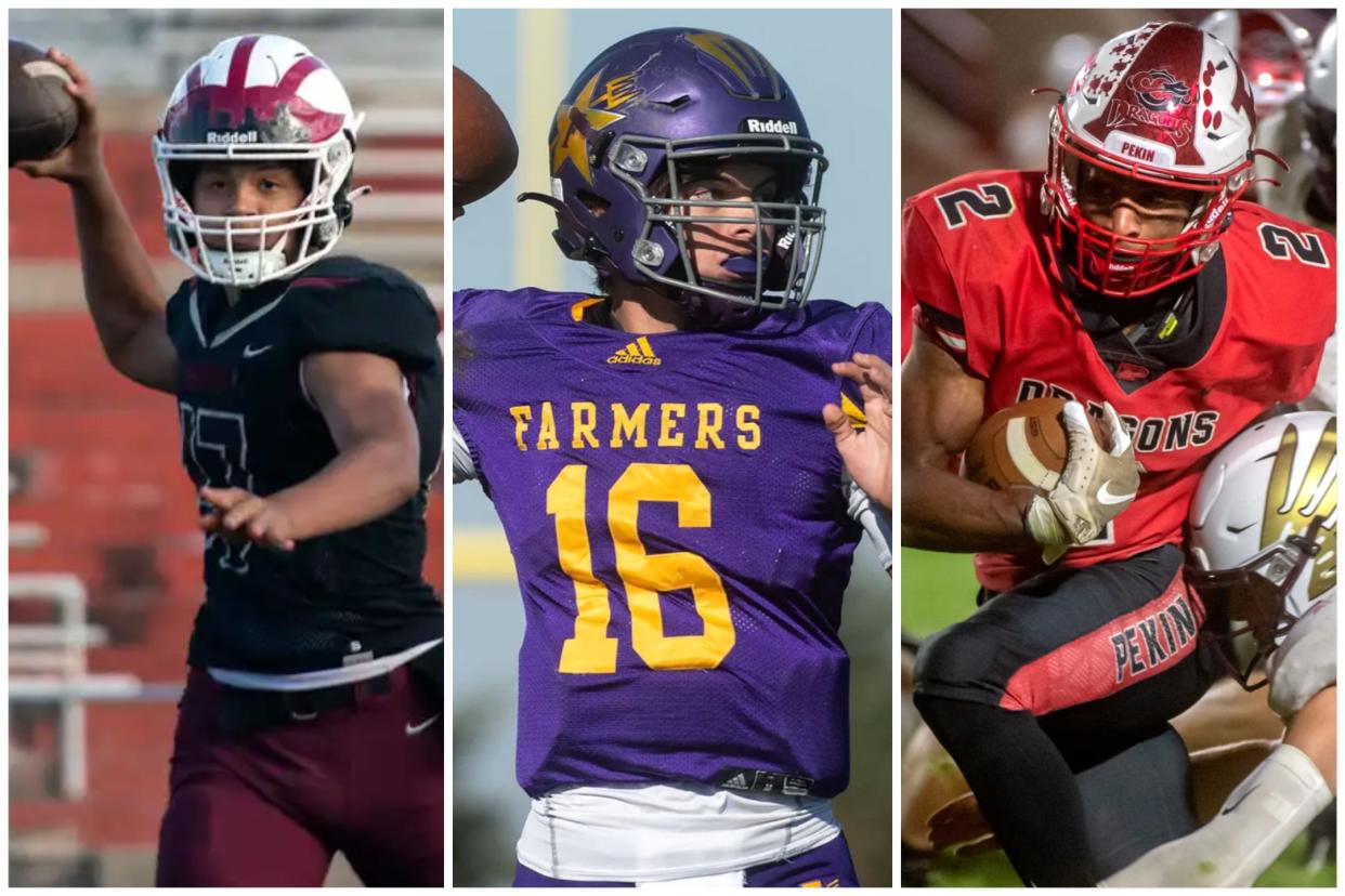 Peoria High's Valentino Gist, left, Farmington's Gage Renken, middle, and Pekin's Kanye Tyler, right, are expected to play roles this fall for their respective high school football teams.