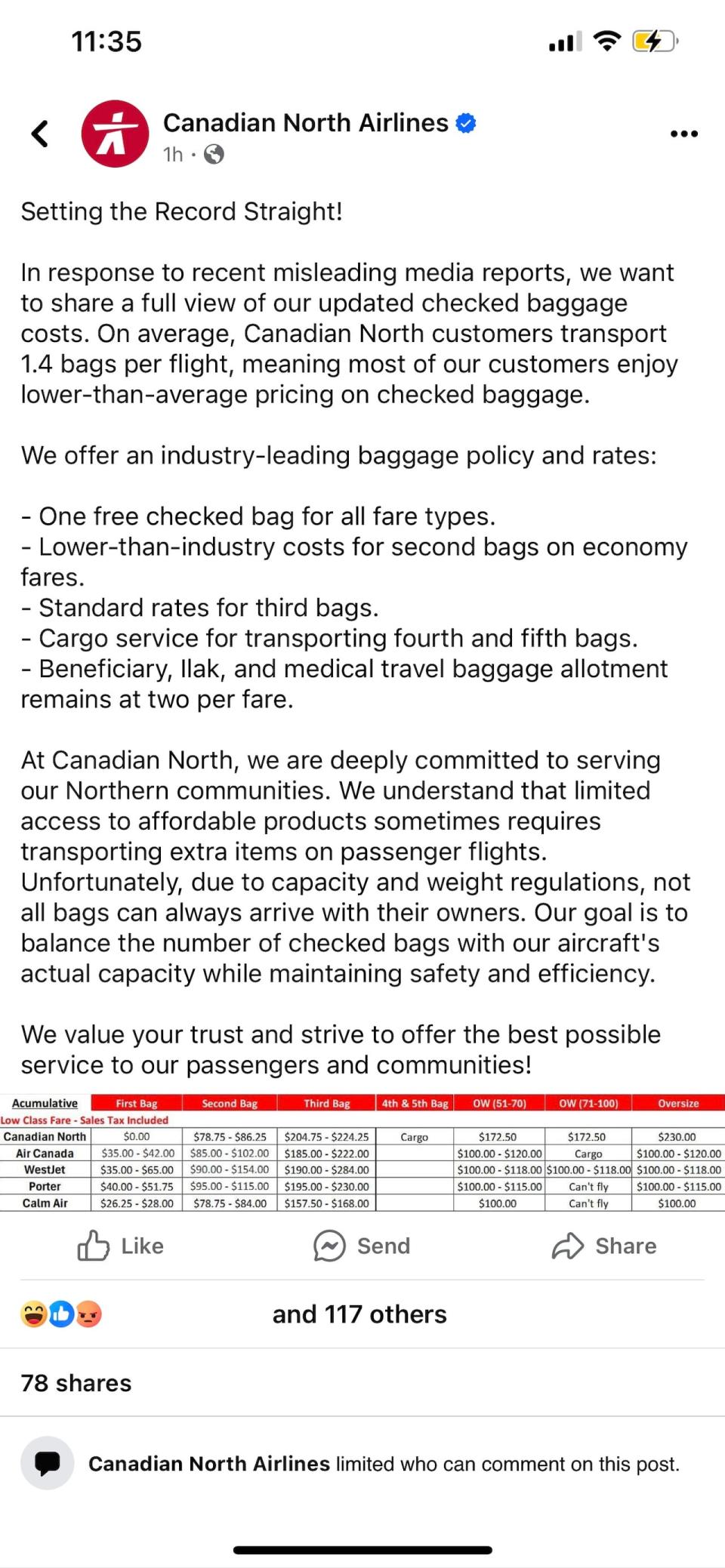 Canadian North responded to CBC's coverage of the changes to its baggage policy with this Facebook post. It was deleted about three hours after being posted.