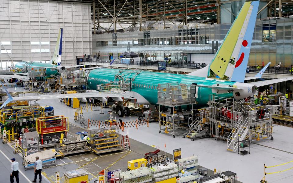 A Boeing 737 MAX aircraft being assembled in Renton, Washington state, in June