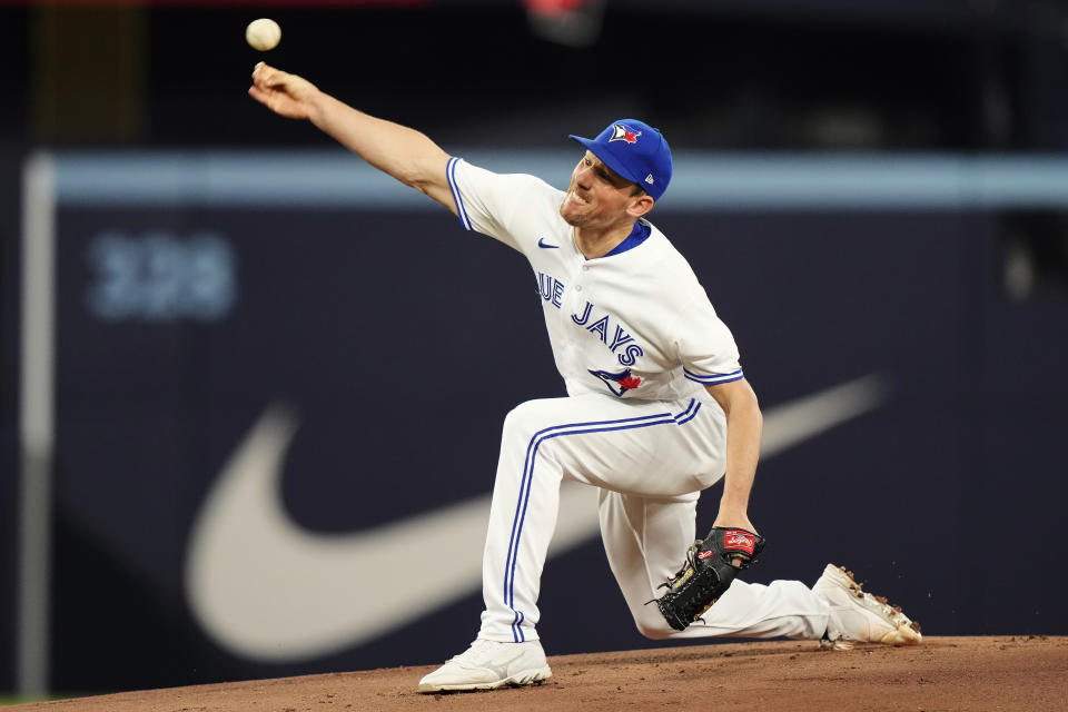 Toronto Blue Jays starting pitcher Chris Bassitt works against the New York Yankees during the first inning of a baseball game Wednesday, May 17, 2023, in Toronto. (Frank Gunn/The Canadian Press via AP)