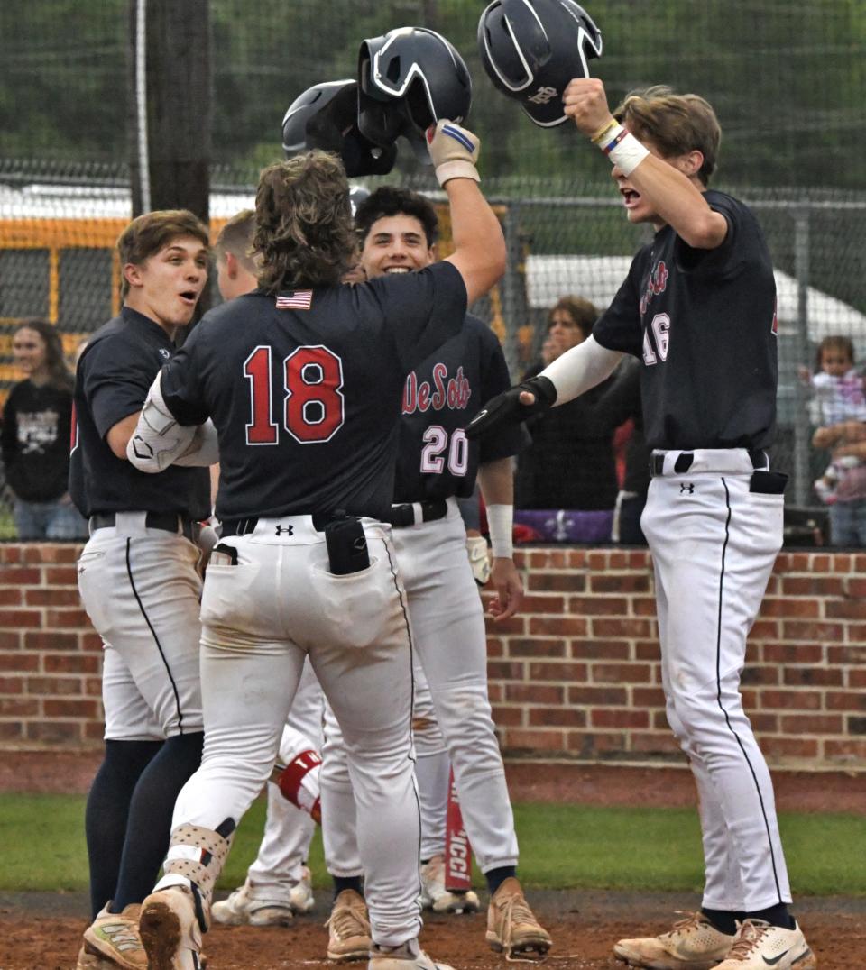 North DeSoto's Branden Richardson celebrates with his teammates after hitting a home run in a game against Northwood earlier this season. Both the Griffins and the Falcons will compete this week in the LHSAA baseball playoffs.