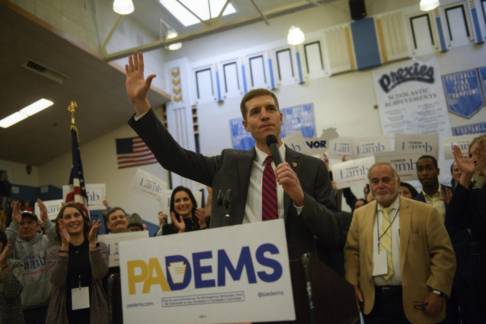 Conor Lamb reacts to winning the Democratic nomination for the 18th District&nbsp;seat inside Washington High School gymnasium, where the nomination convention was being held in Washington, Pennsylvania, on Nov. 19.