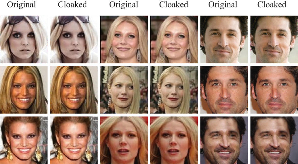 Las imágenes proporcionadas por el Laboratorio SAND de la Universidad de Chicago muestran fotografías de antes y después. De izquierda a derecha: Jessica Simpson, Gwyneth Paltrow y Patrick Dempsey, cuyas imágenes fueron camuflajeadas por el equipo de Fawkes. (Laboratorio SAND, Universidad de Chicago vía The New York Times)