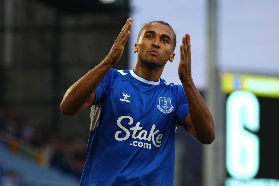 LIVERPOOL, ENGLAND - JULY 29: Dominic Calvert-Lewin of Everton celebrates scoring the opening goal during the Pre-Season Friendly match between Everton and Dynamo Kiev at Goodison Park on July 29, 2022 in Liverpool, England. (Photo by Chris Brunskill/Fantasista/Getty Images)