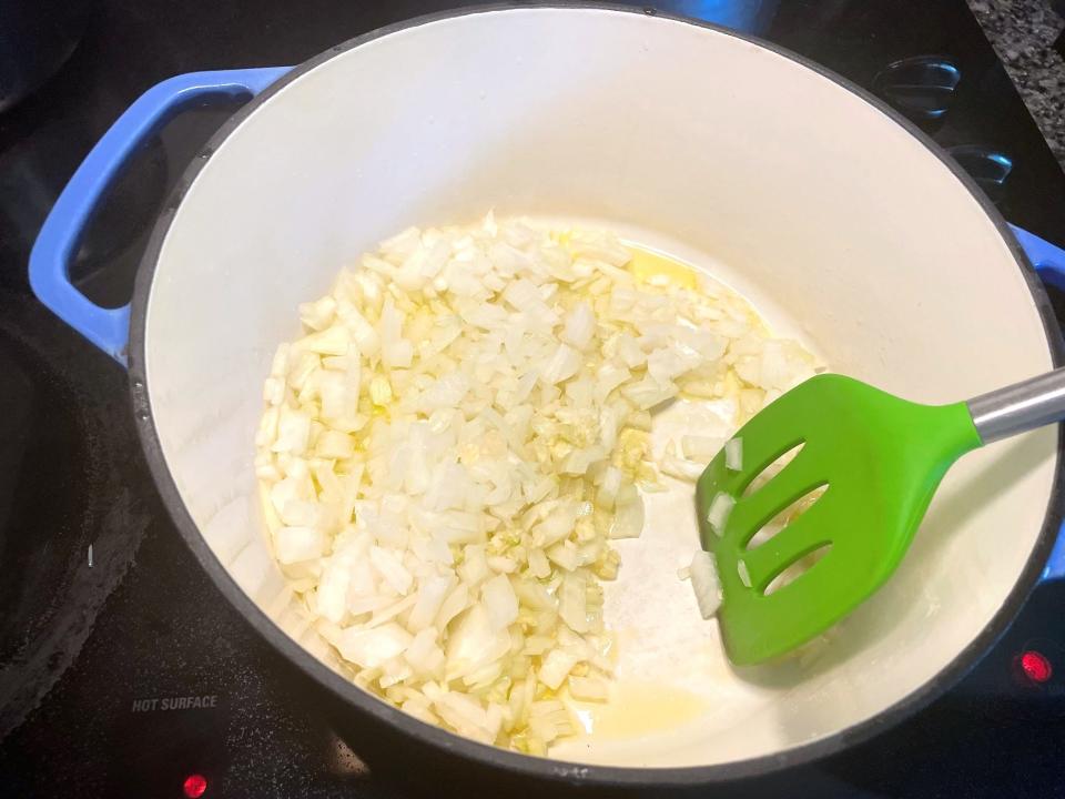 Cooking onions for Ina Garten's Penne Alla Vodka