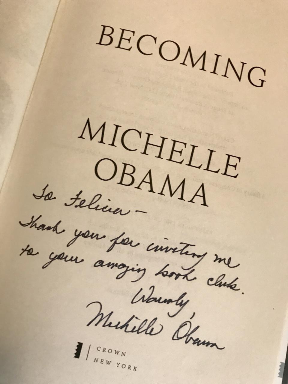 My copy of Becoming, complete with a personal note from Mrs. Obama. (Photo: Courtesy of Felicia Harris)