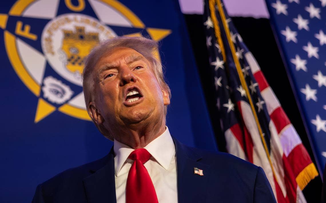 Former President Donald Trump gives remarks to the Fraternal Order of Police in Charlotte, N.C., on Friday, September 6, 2024.