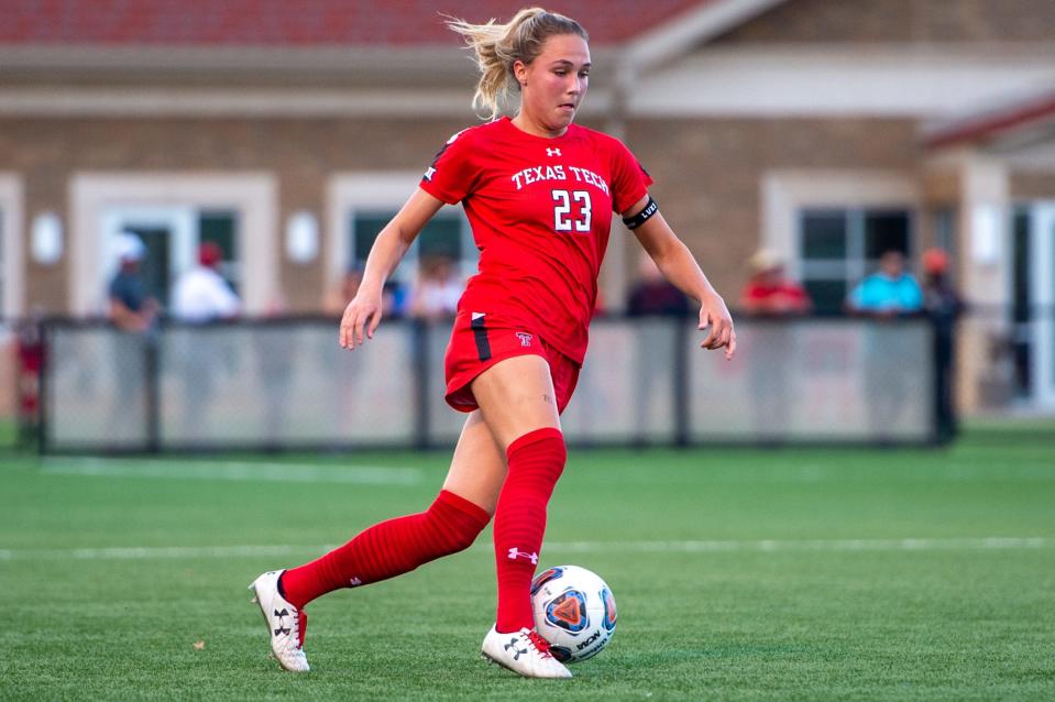 Macy Blackburn runs down the field during the soccer match against UTEP on Thursday August 19, 2021 at the John Walker Soccer Complex in Lubbock, Texas.