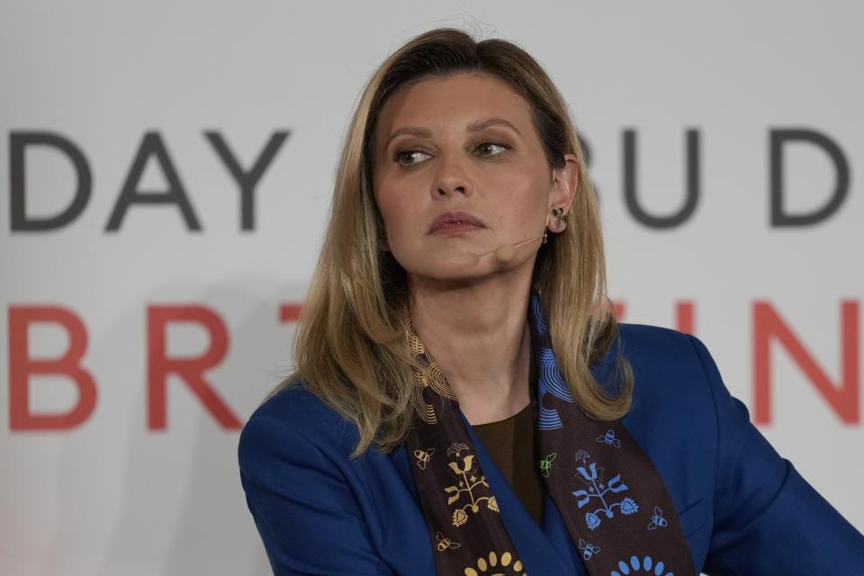 Olena Zelenska, First Lady of Ukraine reacts during her Q&A session during the International Women's Day in Abu Dhabi, United Arab Emirates, Wednesday, March 8, 2023. Ukraine's first lady on Wednesday offered spirited support to her nation's people while visiting the United Arab Emirates, a country that still remains open to Russia despite Western sanctions. (AP Photo/Kamran Jebreili)