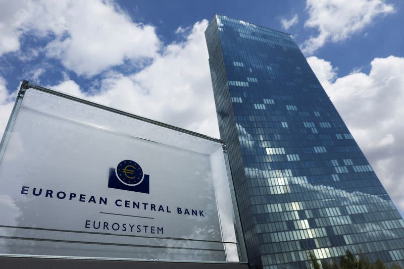 FILE PHOTO: Signage seen outside European Central Bank building in Frankfurt, Germany