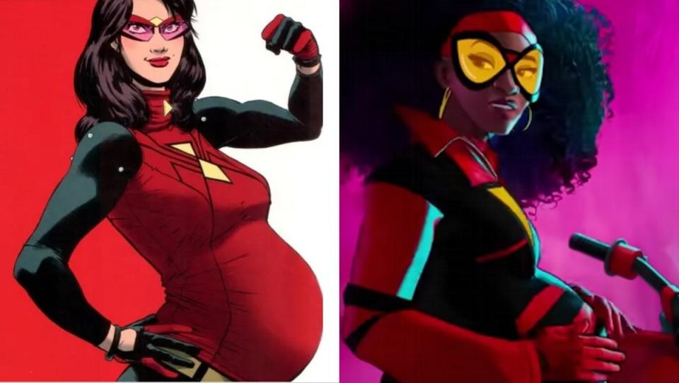 Jessica Drew/Spider-Woman, shown pregnant in her 2015 Marvel Comics series, and Across the Spider-Verse Jessica Drew/Spider-Woman, also pregnant and ready to go into battle.