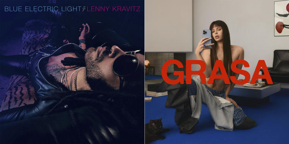 This combination of cover images shows "Blue Electric Light" by Lenny Kravitz, left, and "Grasa" by Nathy Peluso. (Roxie Records via AP, left, and 5020 Records via AP)