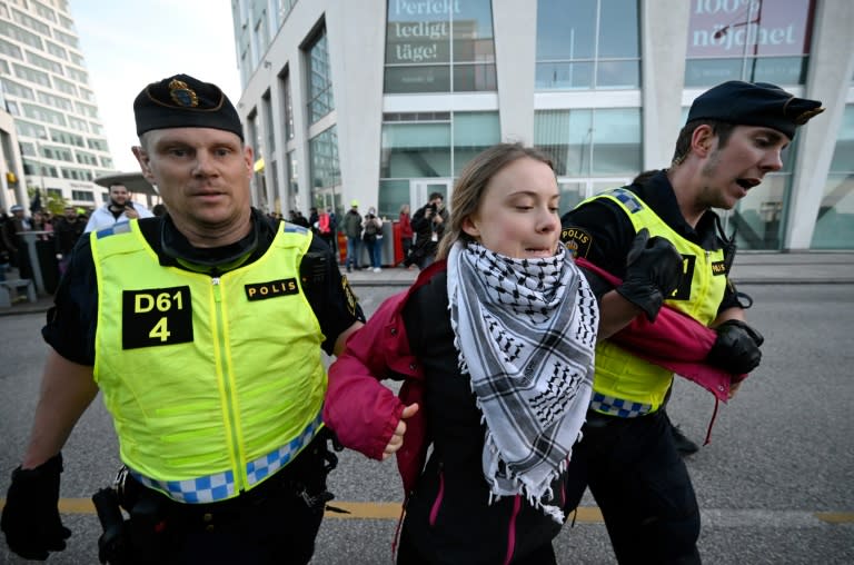 Thunberg, wearing the keffiyeh scarf, was led away by police (Johan NILSSON)