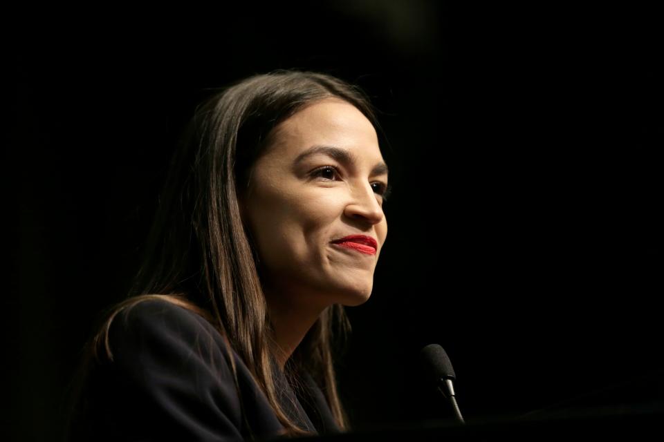 U.S. Rep. Alexandria Ocasio-Cortez, D-N.Y., speaks during the National Action Network Convention in New York, Friday, April 5, 2019. (AP Photo/Seth Wenig)