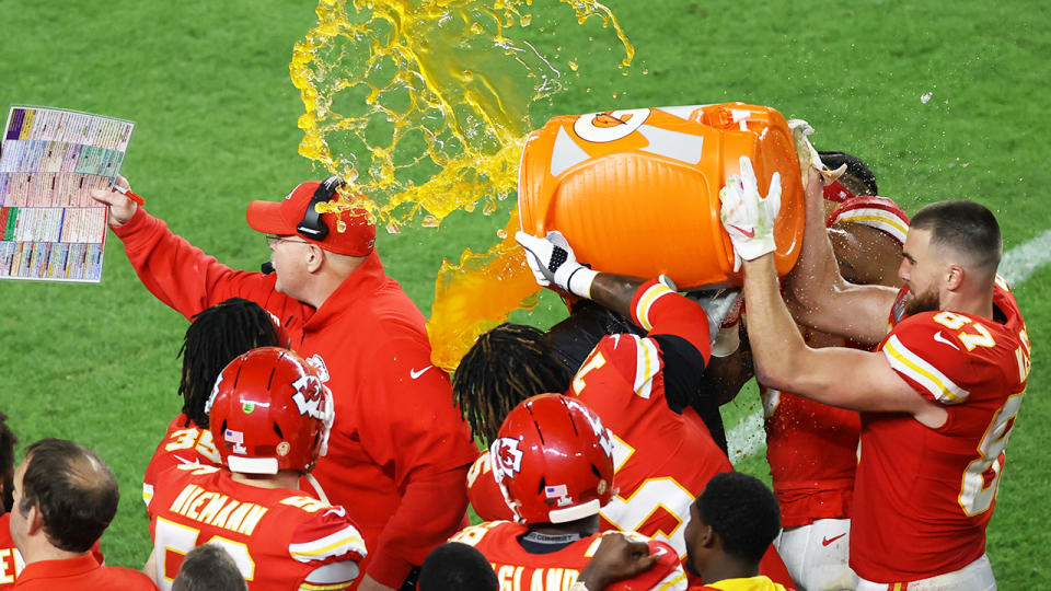 Andy Reid, pictured here getting the gatorade shower after the Super Bowl.