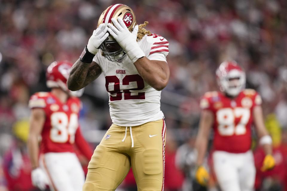 San Francisco 49ers defensive end Chase Young (92) reacts to a play against the Kansas City Chiefs during the first half of the NFL Super Bowl 58 football game Sunday, Feb. 11, 2024, in Las Vegas. (AP Photo/John Locher)