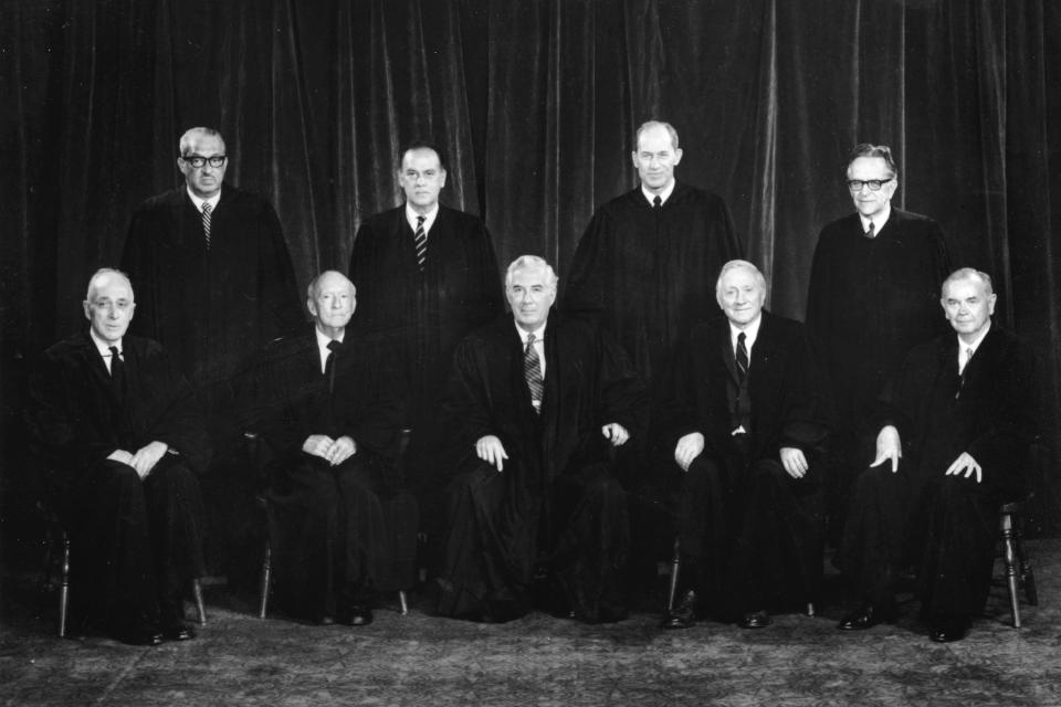 FILE - With the addition of the Supreme Court's newest member, Associate Justice Thurgood Marshall, top row left, the high court sits for a new group photograph, in January 1971 in Washington. Seated from left are, Associate Justice John W. Harlan, Associate Justice Hugo Black, Chief Justice Warren E. Burger, Associate Justice William O. Douglas and Associate Justice William Brennan Jr. Standing from left are, Associate Justice Thurgood Marshall, Associate Justice Potter Stewart, Associate Justice Byron R. White and Associate Justice Harry A. Blackmun. (AP Photo, File)