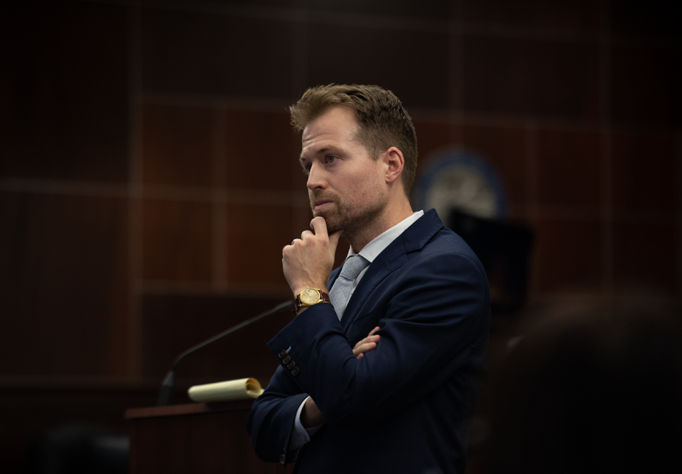 Defense attorney Maxwell Hiltner gives his closing argument.